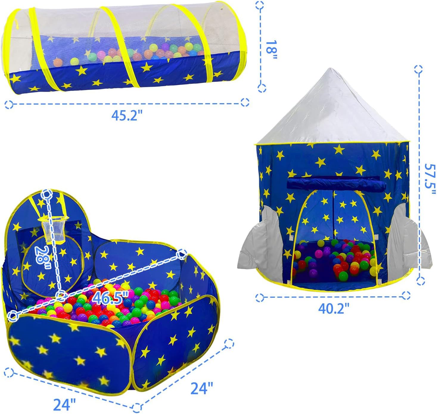 PigPigPen 3pc Kids Play Tent for Boys with Ball Pit, Crawl Tunnel, Princess Tents for Toddlers, Baby Space World Playhouse Toys, Boys Indoor& Outdoor Play House, Perfect Kid’s Gifts